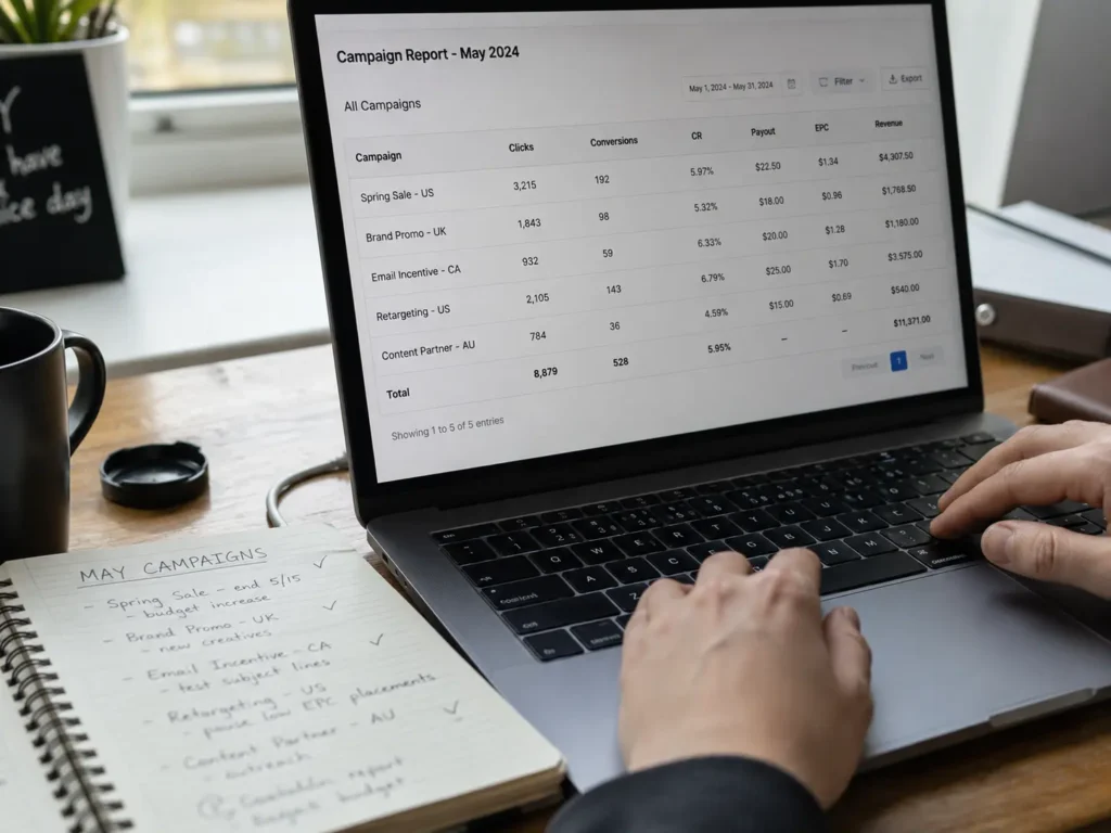 Affiliate marketer reviewing conversion tracking, click paths, attribution data, and campaign results