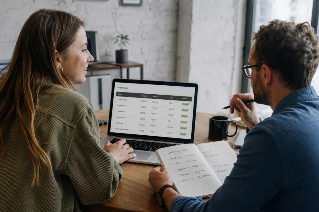 Publisher and affiliate manager reviewing multiple offers, GEOs, tracking, payouts, and Smartlink options