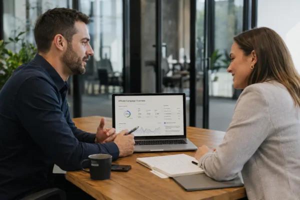 Affiliate manager and publisher reviewing advertiser offers and campaign terms through an affiliate network