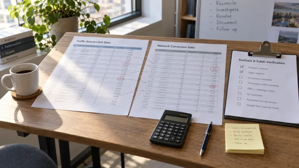CPA tracking reconciliation comparing clicks, conversions, postbacks, SubIDs, GEO segments, and reporting accuracy