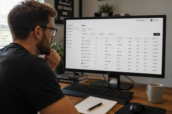 Publisher reviewing CPA traffic performance, conversions, GEOs, devices, and revenue by campaign