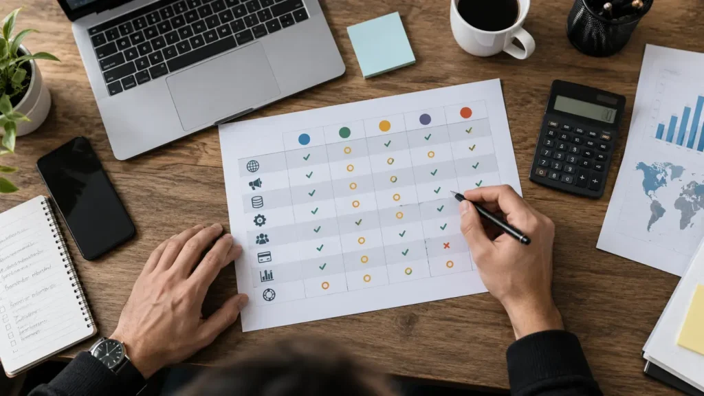 CPA network evaluation scorecard comparing GEO depth, offer availability, tracking, payouts, and support
