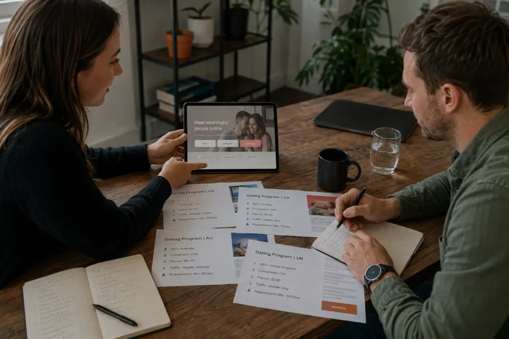 Affiliate publisher and manager reviewing dating offers, GEOs, payouts, tracking, and traffic requirements