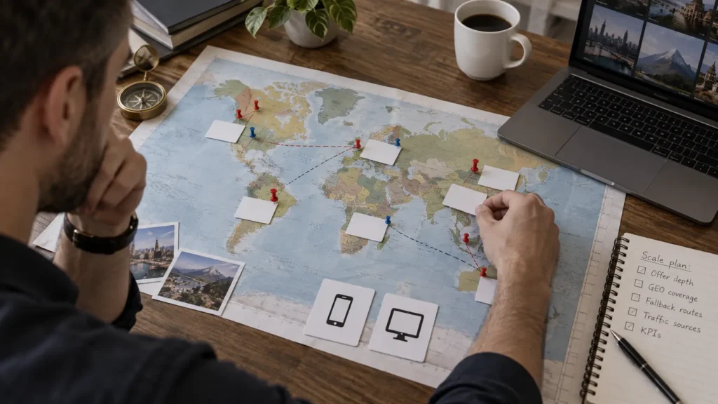 Multi-GEO offer depth planning with backup routes, device coverage, and traffic capacity before scaling