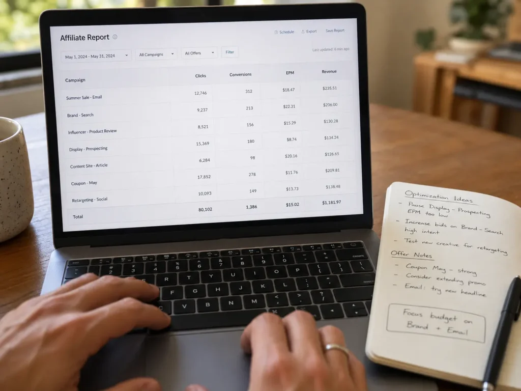 Publisher reviewing tracking data, postbacks, EPM, conversions, and traffic segments for optimization