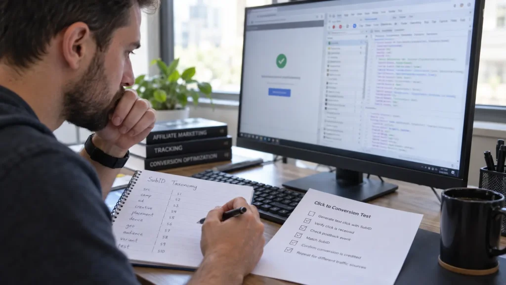 Affiliate analyst validating Smartlink postbacks, SubIDs, click attribution, and source-level tracking before scale