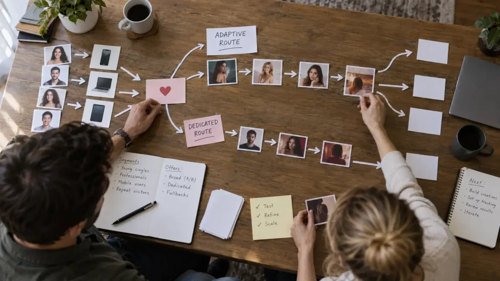 Affiliate team mapping Smartlink and direct dating offer routes for mixed, proven, and fallback traffic