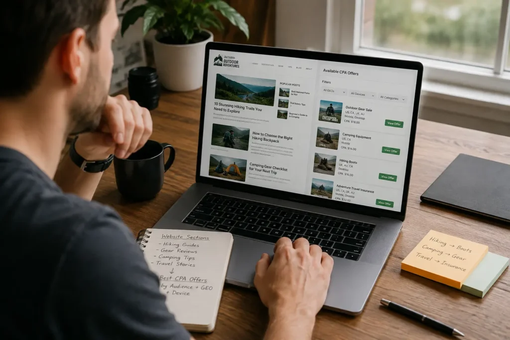 Publisher matching website traffic with relevant CPA offers by audience, device, and target GEO
