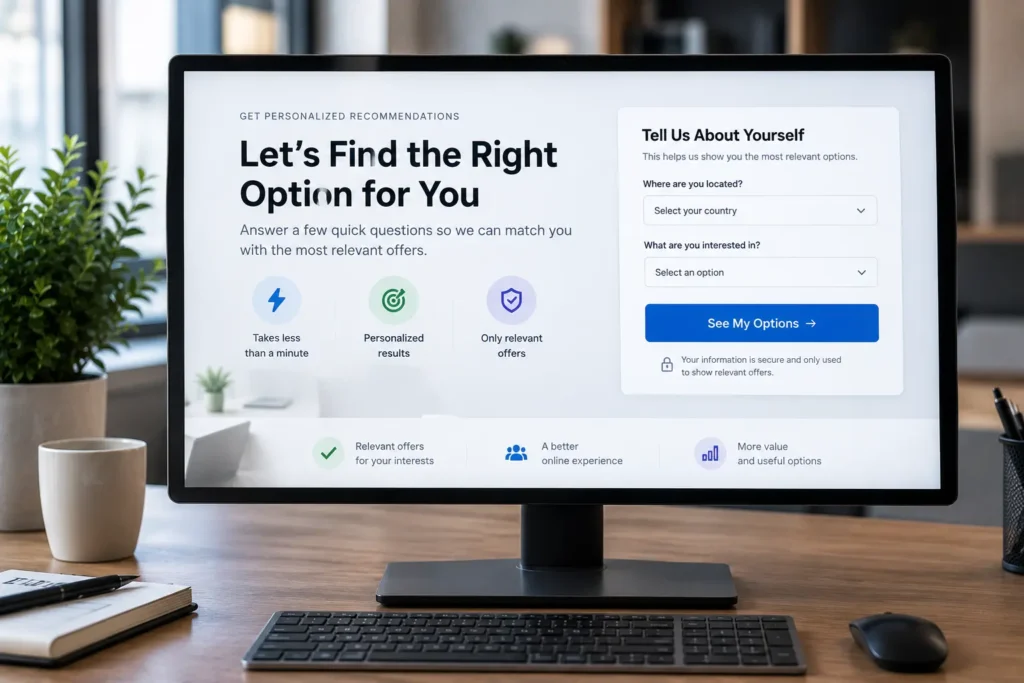 Realistic prelander page showing how affiliate users are qualified before reaching a CPA offer