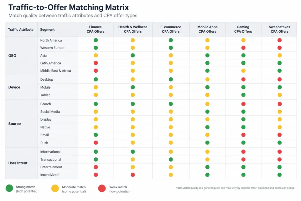 GEO and device matching matrix showing which affiliate traffic segments fit different CPA offer types