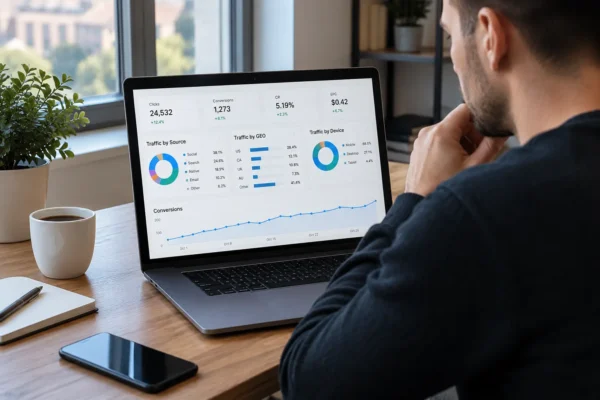Affiliate marketer reviewing traffic quality metrics before sending users to CPA offers on a laptop