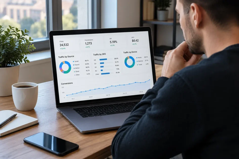 Affiliate marketer reviewing traffic quality metrics before sending users to CPA offers on a laptop