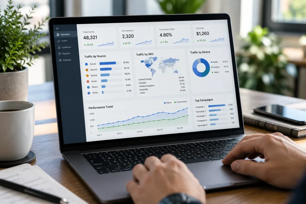 Realistic dashboard showing traffic quality by source, GEO, device, engagement, and conversion rate