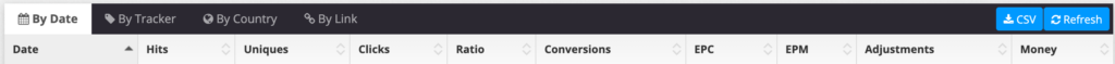 Affiliate traffic statistics table showing clicks, conversions, EPC, EPM, and revenue.