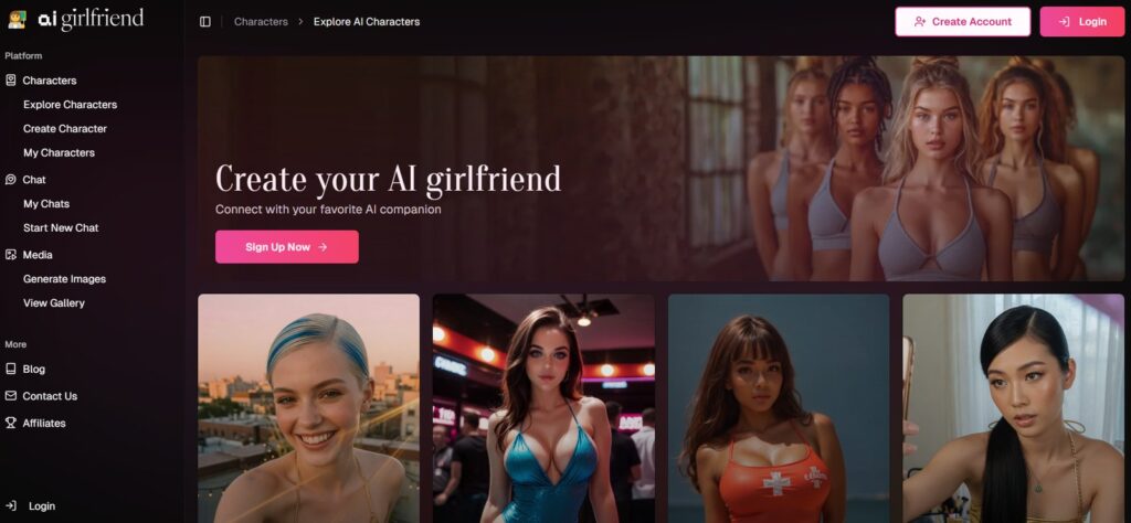 AI Girlfriend website showing a character menu and images of virtual companions.