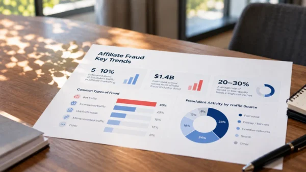 Affiliate fraud analyst reviewing CPA campaign traffic sources, conversion patterns, and risk signals