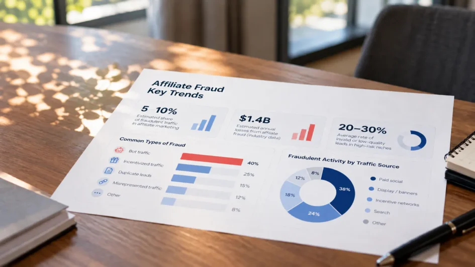 Affiliate fraud analyst reviewing CPA campaign traffic sources, conversion patterns, and risk signals