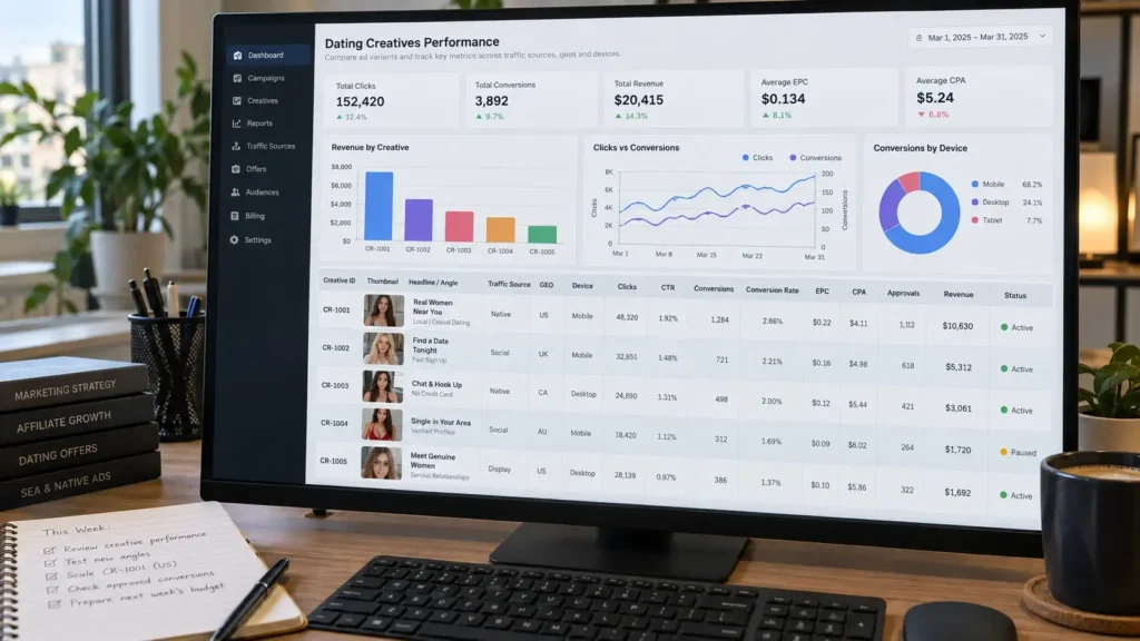 Dating ad performance dashboard comparing CTR, CR, EPC, CPA, approvals, and revenue on one screen