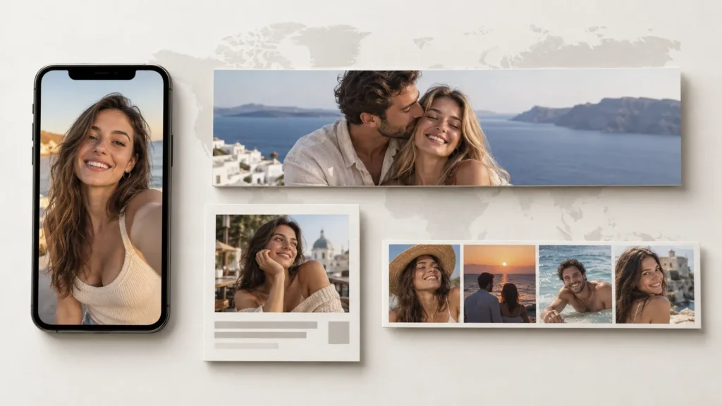 Dating ad creative examples showing mobile, banner, native, and carousel formats across different devices and placements