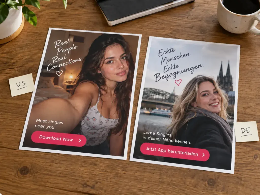 Dating ad localization comparison showing two market versions with different language, CTA, and imagery