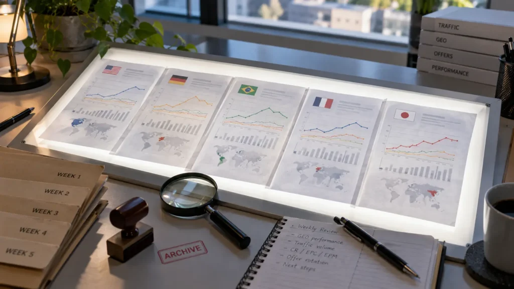 Historical dating affiliate research comparing weekly GEO performance shifts using EPC, EPM, CR, and revenue data