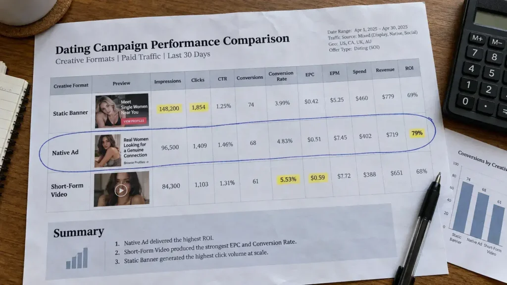 Printed dating campaign performance report comparing banner, native, and video ad formats by CTR, EPC, conversions, and ROI