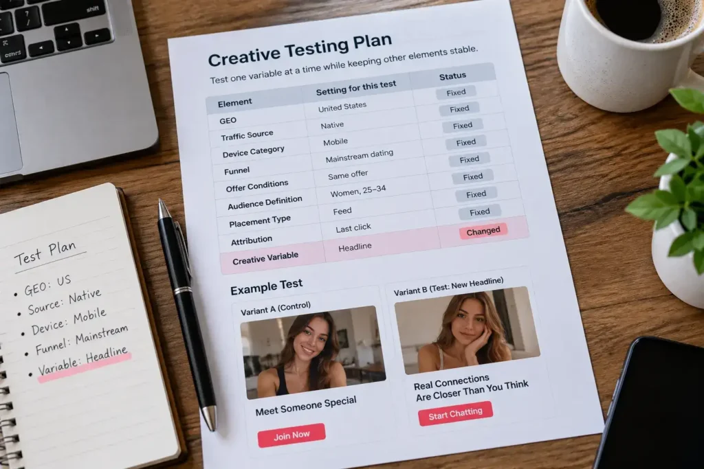 Creative testing checklist showing one changed variable while GEO, device, source, and funnel stay fixed