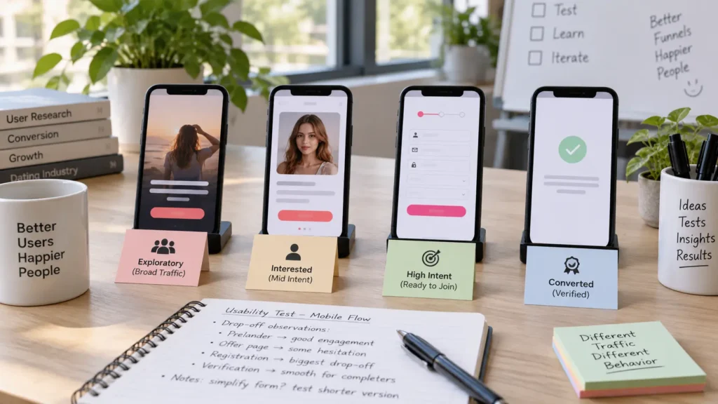 Dating funnel test comparing user intent with prelander, registration, verification, and conversion requirements