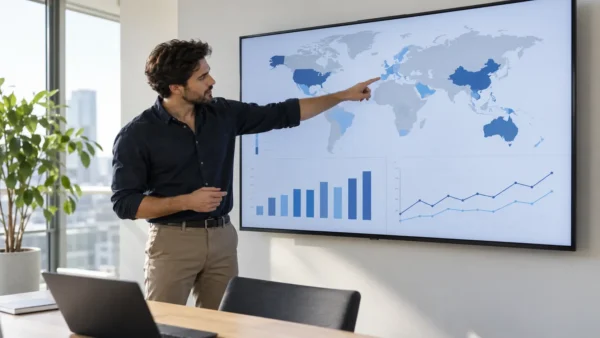 Marketing analyst presenting Smartlink GEO performance data on a large office screen with world map and analytics charts