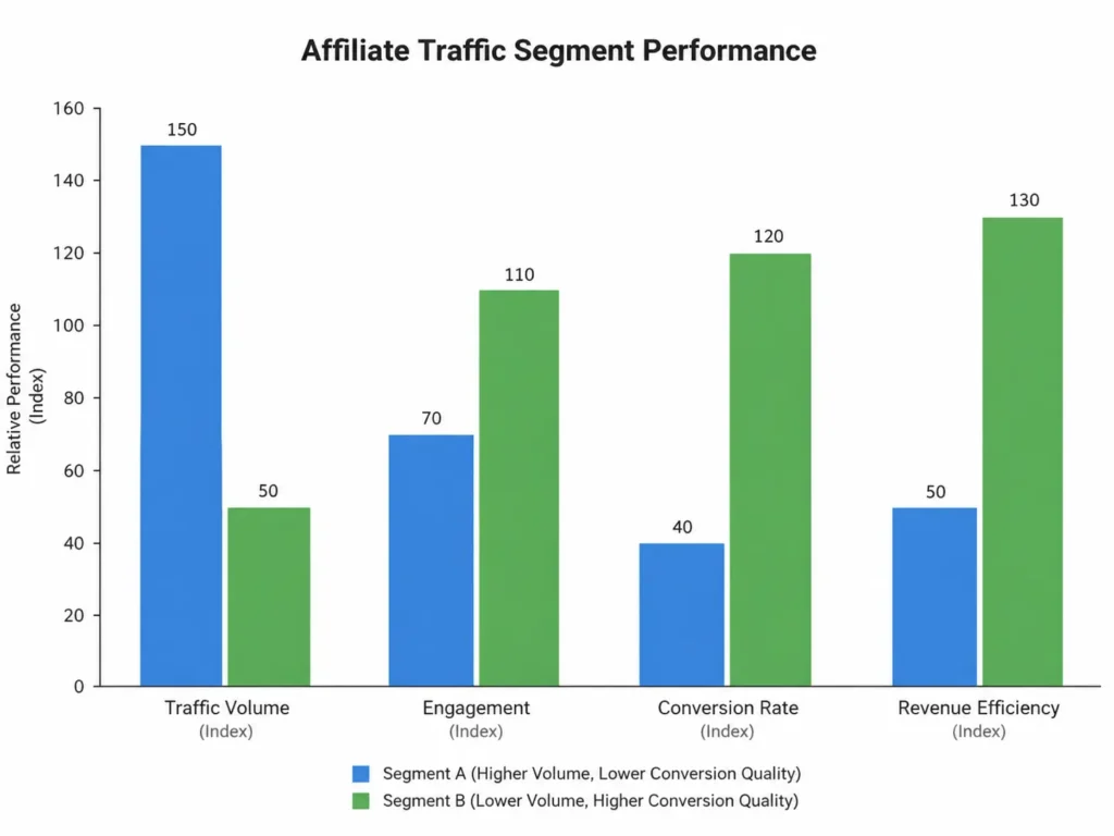Bar chart comparing smaller high-quality traffic segments with larger low-performing affiliate traffic