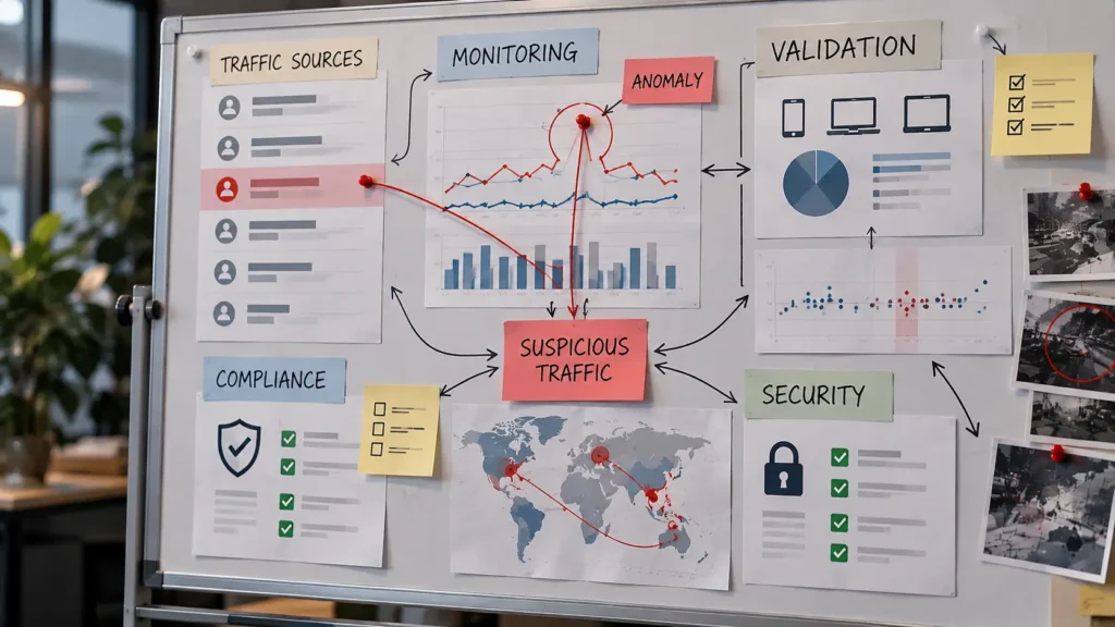 CPA campaign review combining fraud monitoring, compliance checks, conversion data, and account security