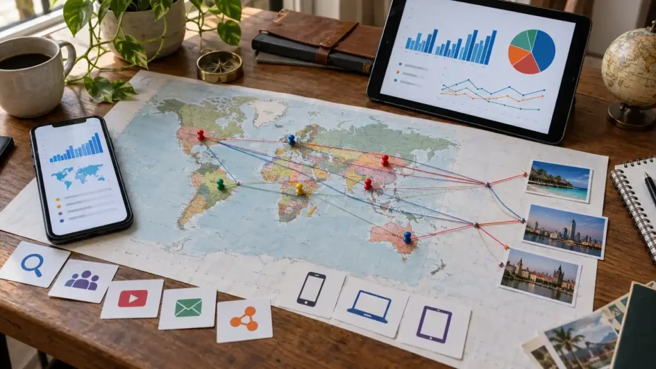 Affiliate marketer reviewing multi-GEO Smartlink traffic across countries, devices, sources, and campaign segments