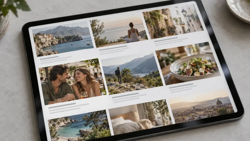 Native dating ad examples displayed within an editorial lifestyle feed and content recommendations on a tablet screen