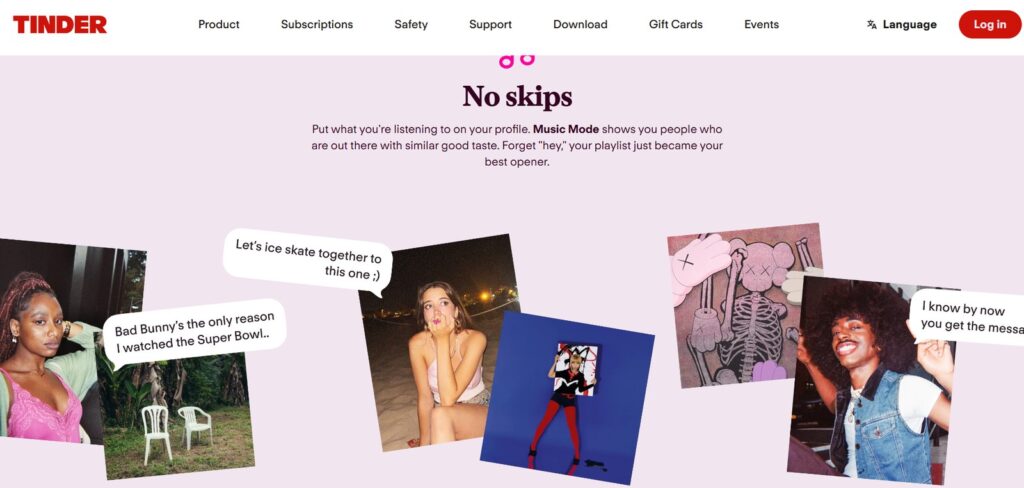 Tinder homepage with navigation, a pink background, and cards featuring photos of users.